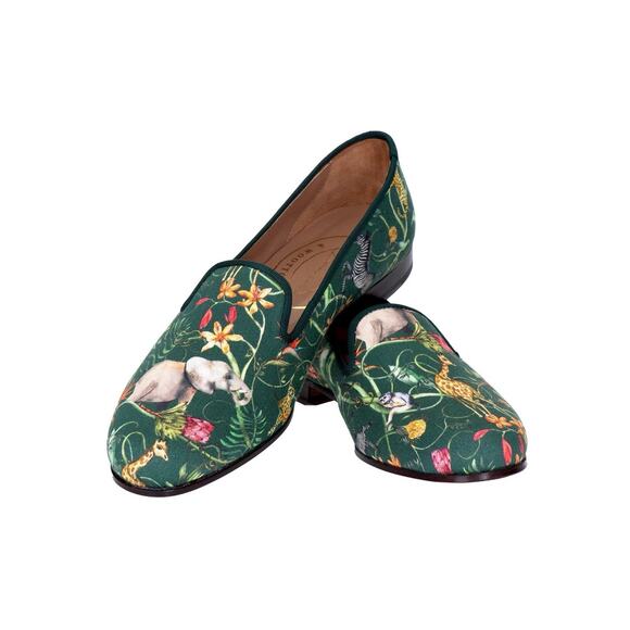 NEW Stubbs & Wootton Africa Emerald Silk Venetian Green Print Flat 10 - Picture 2 of 4